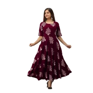 Generic Women's Casual Half Sleeve Floral Printed Rayon Anarkali Gown (Brown)