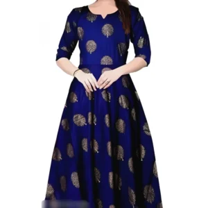 Women's Casual 3/4 Sleeve Printed Rayon Anarkali Gown (Blue)