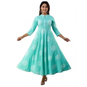 Women's Casual 3/4 Sleeve Printed Rayon Anarkali Gown (Turquoise Green)