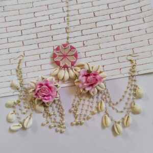 Rainvas rose floral earrings mangtika set in white pink with chain