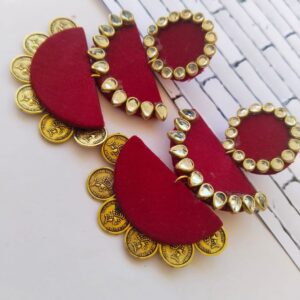 Rainvas red maroon kundan with golden coins jhumka earrings