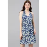 Women's Casual Sleeveless Floral printed Cotton Dress (Blue)