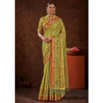  Women's Organza Printed Saree With Unstitched Blouse (Parrot Green, 5-6 Mtrs)