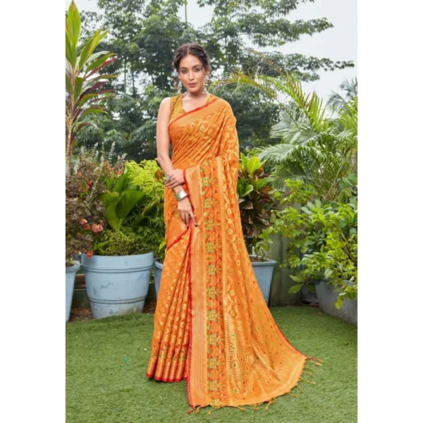  Women's Organza Printed Saree With Unstitched Blouse (Orange, 5-6 Mtrs)