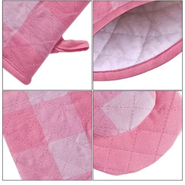 Checkered Cotton Oven Mitten and Pot Holder Sets (Pink)