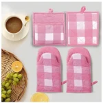 Checkered Cotton Oven Mitten and Pot Holder Sets (Pink)