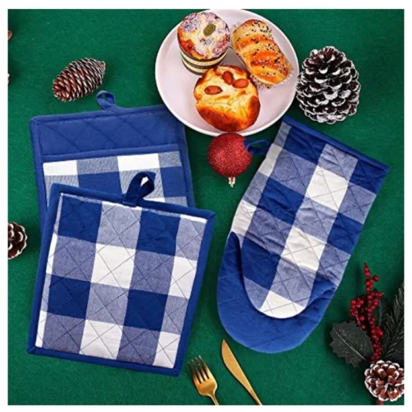 Checkered Cotton Oven Mitten and Pot Holder Sets (Blue)