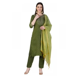 Women's Casual 3-4 th Sleeve Embroidery Cotton Kurti Pant Dupatta Set (Green)
