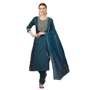 Women's Casual 3-4 th Sleeve Embroidery Silk Blend Kurti Pant Dupatta Set (Blue)