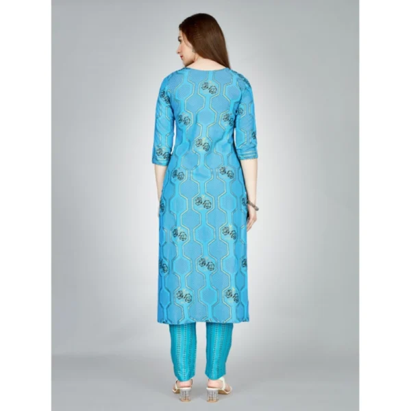 Women's Casual 3-4 th Sleeve Embroidery Rayon Kurti Pant Set (Light Blue)