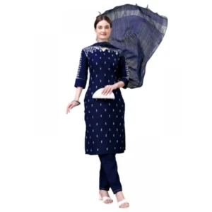 Women's Casual 3-4 th Sleeve Embroidery Cotton Kurti Pant Dupatta Set (Dark Blue)