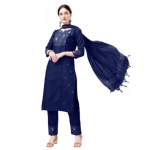 Women's Casual 3-4 th Sleeve Embroidery Cotton Kurti Pant Dupatta Set (Dark Blue)