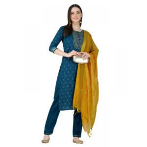 Women's Casual 3-4 th Sleeve Embroidery Cotton Kurti Pant Dupatta Set (Blue )