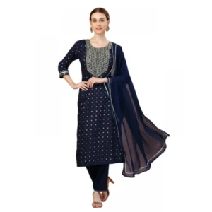 Women's Casual 3-4 th Sleeve Embroidery Silk Blend Kurti Pant Dupatta Set (Navy Blue)
