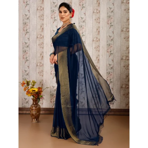 Women's Chiffon Fabric Plain Saree With Unstitched Blouse (Blue, 5-6 Mtrs)