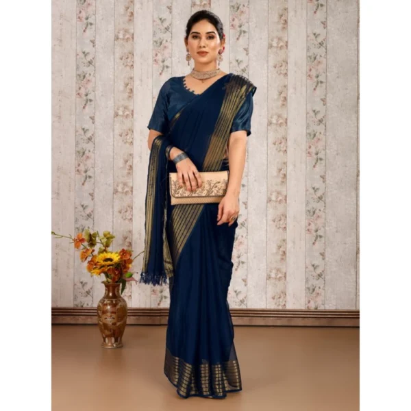 Women's Chiffon Fabric Plain Saree With Unstitched Blouse (Blue, 5-6 Mtrs)