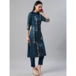 Women's Casual 3-4Th Sleeve Floral Printed Rayon Kurti And Pant Set (Teal)