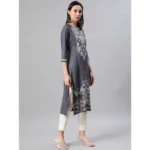 Women's Casual 3-4Th Sleeve Floral Printed Rayon Kurti And Pant Set (Grey)