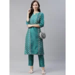 Women's Casual 3-4Th Sleeve Floral Printed Poly Silk Kurti And Pant Set (Green)