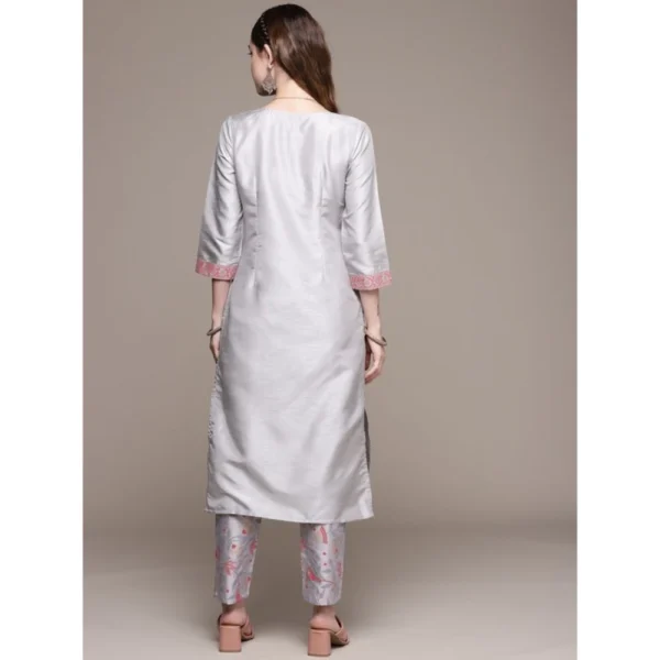 Women's Casual 3-4Th Sleeve Geometric Poly Silk Kurti and Pant Set (Light Grey)