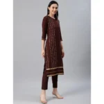 Women's Casual 3-4Th Sleeve Ethnic Motifs Rayon Kurti And Pant Set (Brown)