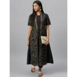 Women's Casual 3-4Th Sleeve Floral Printed Crepe Kurti and Pant Set (Black)