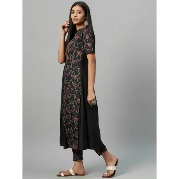 Women's Casual 3-4Th Sleeve Floral Printed Crepe Kurti and Pant Set (Black)