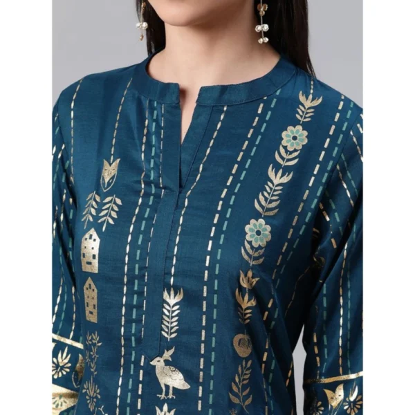 Women's Casual 3-4Th Sleeve Floral Printed Rayon Kurti And Pant Set (Teal)