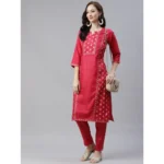 Women's Casual 3-4Th Sleeve Floral Printed Poly Silk Kurti And Pant Set (Pink)