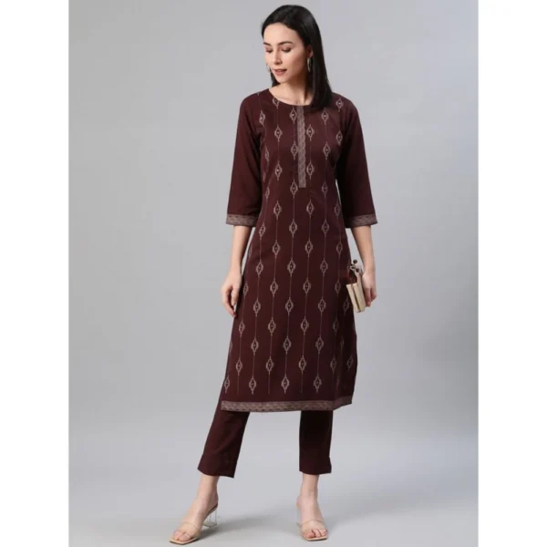 Women's Casual 3-4Th Sleeve Ethnic Motifs Rayon Kurti And Pant Set (Brown)