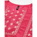 Women's Casual 3-4Th Sleeve Floral Printed Poly Silk Kurti And Pant Set (Pink)