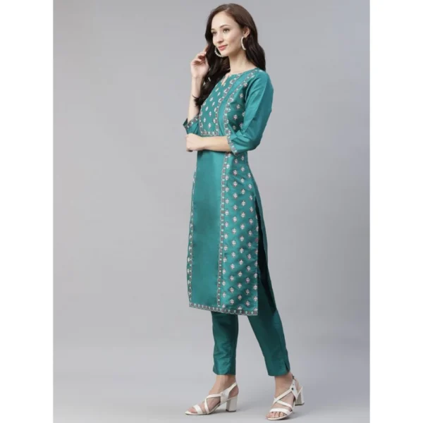 Women's Casual 3-4Th Sleeve Floral Printed Poly Silk Kurti And Pant Set (Green)
