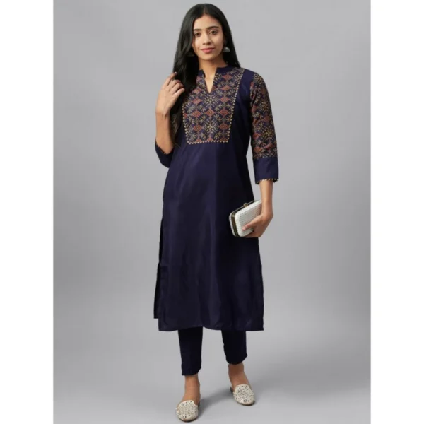 Women's Casual 3-4Th Sleeve Ethnic Motifs Poly Silk Kurti and Pant Set (Blue)