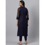Women's Casual 3-4Th Sleeve Ethnic Motifs Poly Silk Kurti and Pant Set (Blue)