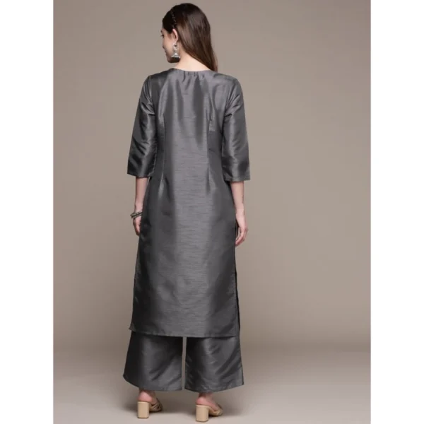 Women's Casual 3-4Th Sleeve Ethnic Motifs Poly Silk Kurti And Palazzo Set (Dark Grey)