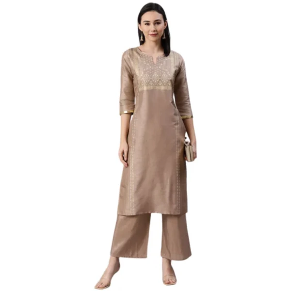 Women's Casual 3-4Th Sleeve Ethnic Motifs Poly Silk Kurti And Palazzo Set (Brown)