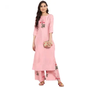 Women's Casual 3-4Th Sleeve Floral Printed Poly Silk Kurti and Palazzo Set (Pink)