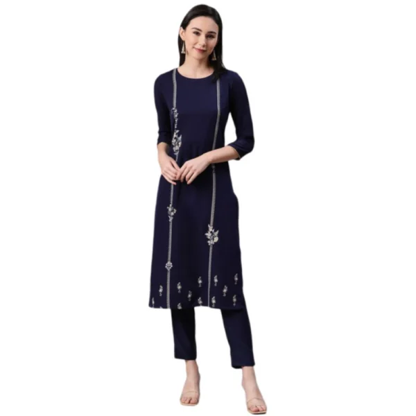Women's Casual 3-4Th Sleeve Floral Printed Rayon Kurti And Pant Set (Blue)