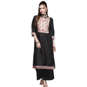 Women's Casual 3-4Th Sleeve Floral Printed Poly Silk Kurti and Palazzo Set (Black)