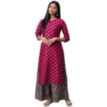 Women's Casual 3-4Th Sleeve Floral Printed Poly Silk Kurti And Palazzo Set (Pink)
