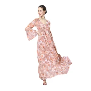 Women's Casual Full Sleeve Floral Printed Georgette Dresses (Brown)