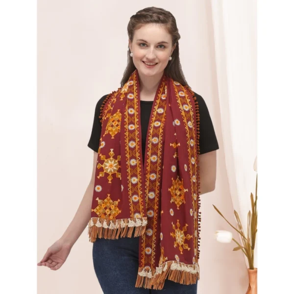 Women's Cotton Embroidered Muffler (Maroon, Length: 0.5 to 1 Mtr)