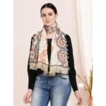 Women's Cotton Embroidered Muffler (Off White, Length: 0.5 to 1 Mtr)