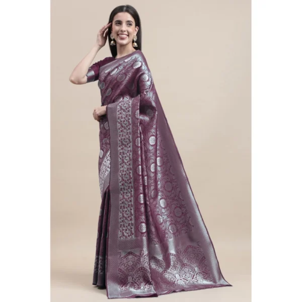 Women's Kanjivaram Silk Designer Silver Weaving Saree With Unstitched Blouse (Purple, 5.50 Mtrs)