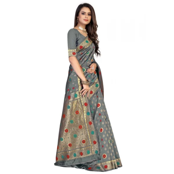 Women's Banarasi Silk Designer Weaving Saree With Unstitched Blouse (Grey, 5.50 Mtrs)