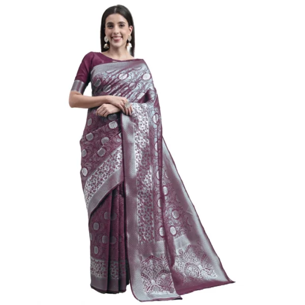 Women's Kanjivaram Silk Designer Silver Weaving Saree With Unstitched Blouse (Purple, 5.50 Mtrs)