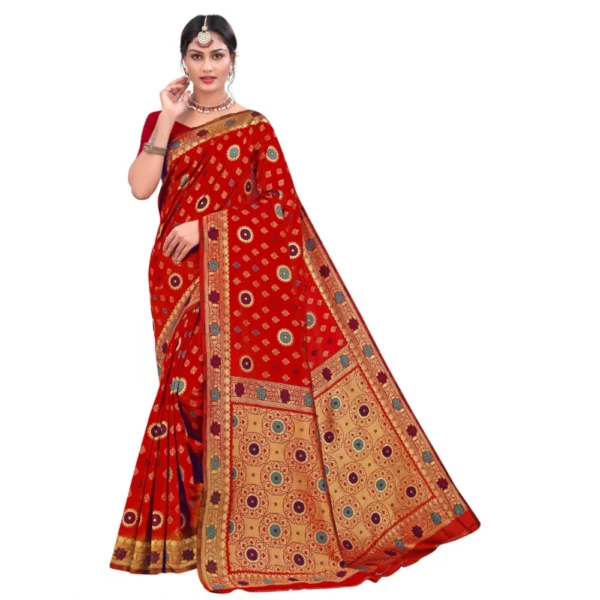 Women's Banarasi Silk Designer Weaving Saree With Unstitched Blouse (Red, 5.50 Mtrs)